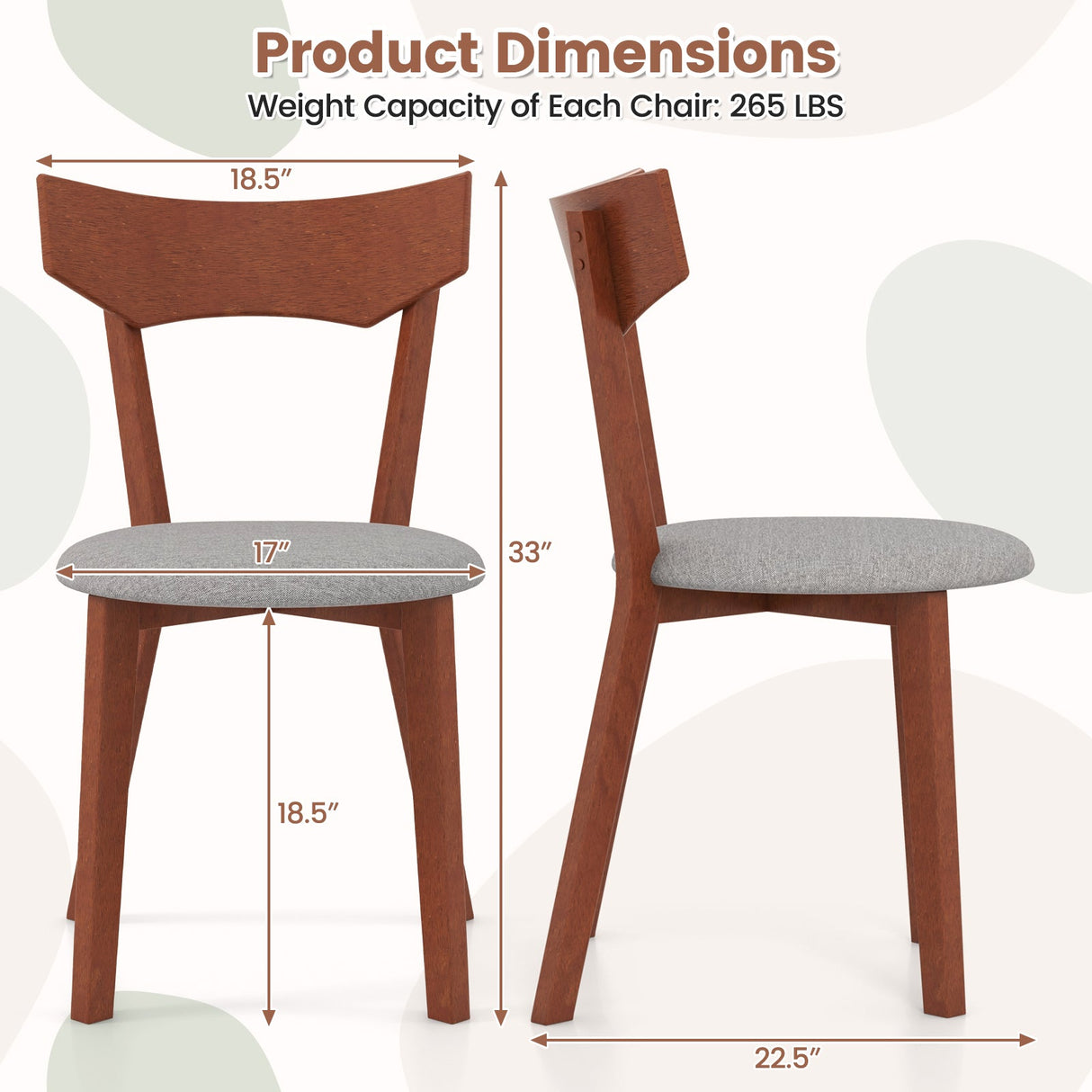 Juego de 2 sillas de comedor de madera con patas de caucho y asiento acolchado