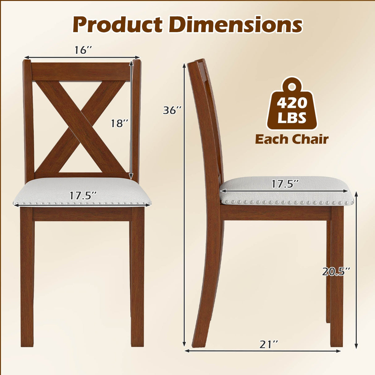 Wooden Dining Chair Set of 2 with Padded Seat and Curved Back-Beige