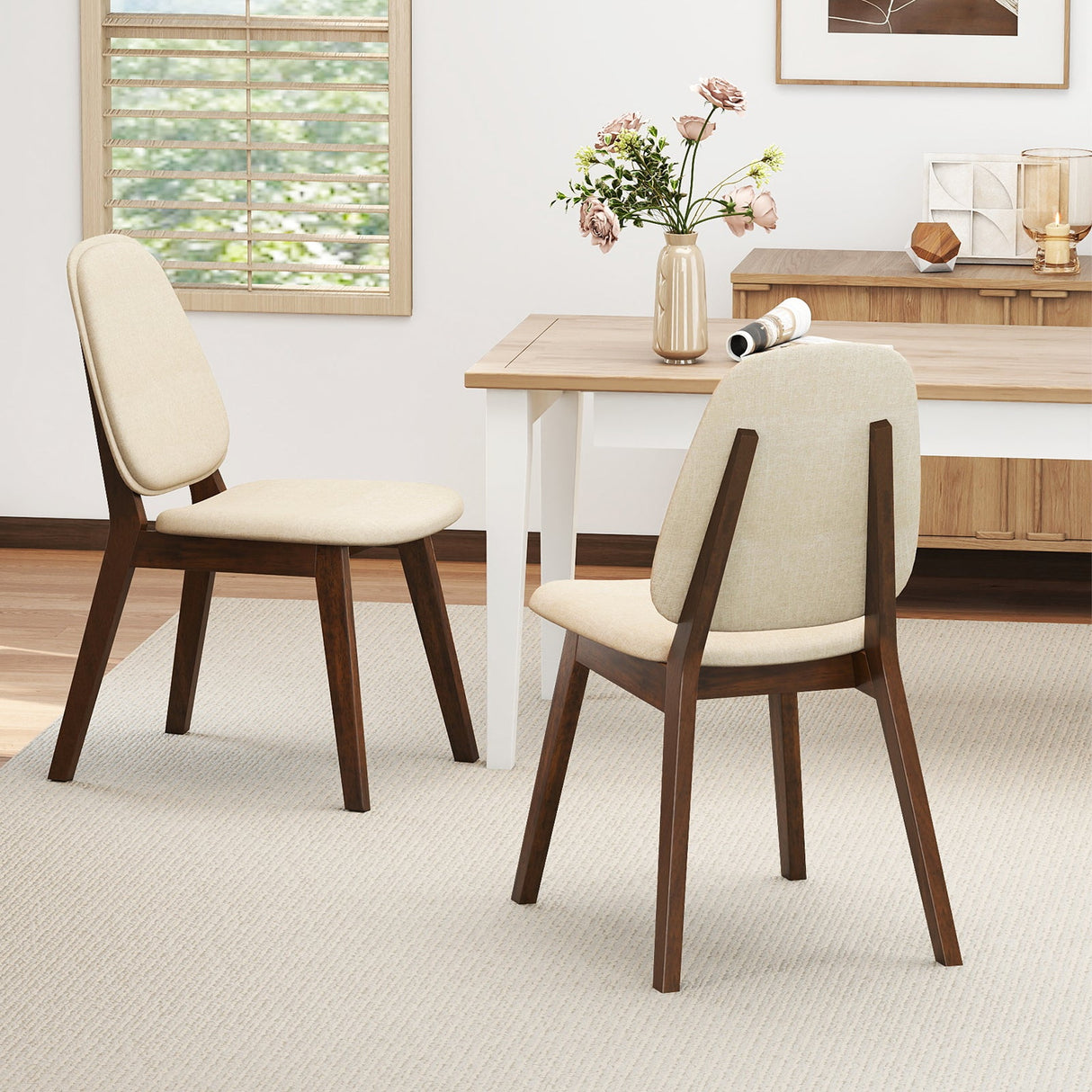 Juego de 2 sillas de comedor de madera, tapizadas, sin reposabrazos, estilo moderno de mediados de siglo - Marrón
