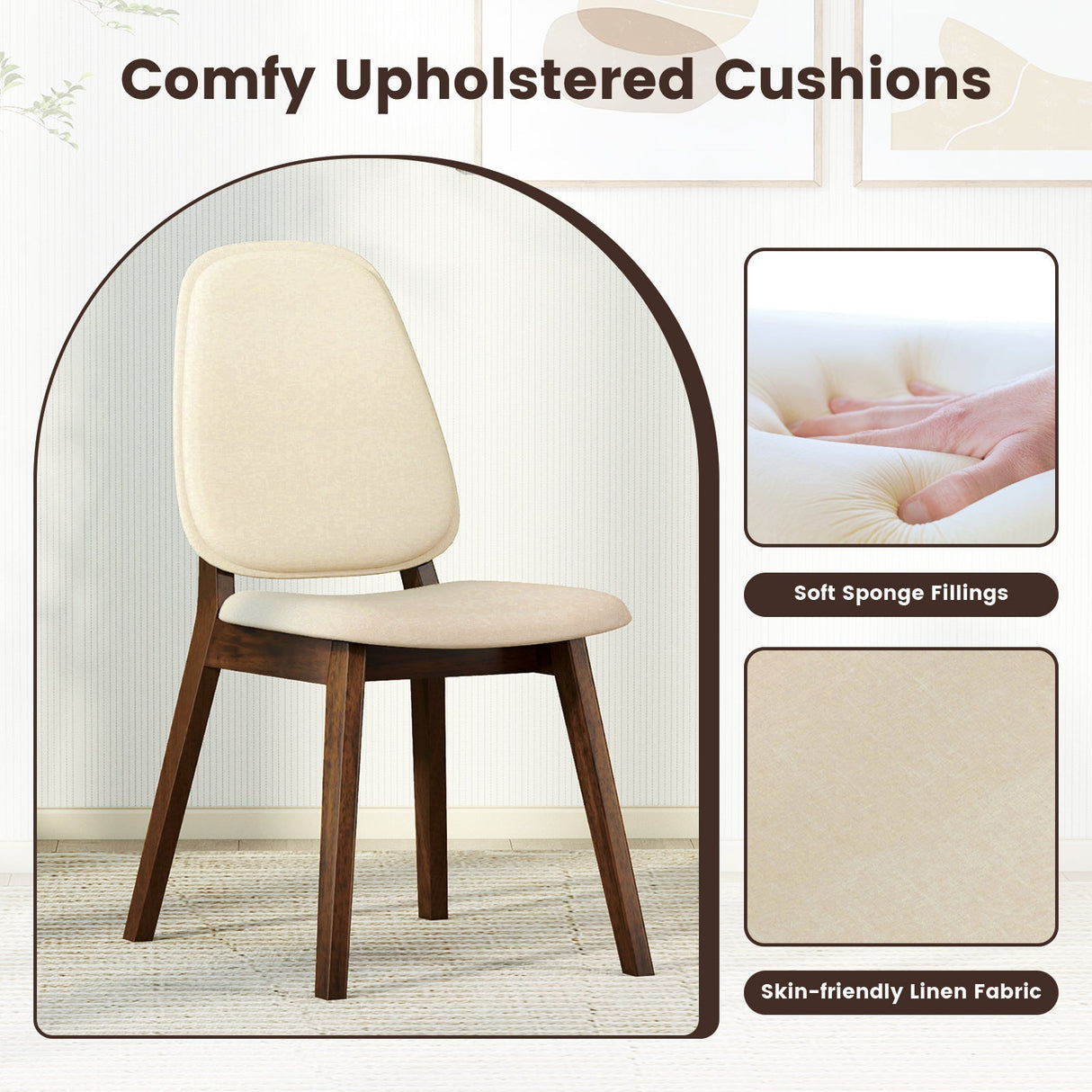Juego de 2 sillas de comedor de madera, tapizadas, sin reposabrazos, estilo moderno de mediados de siglo - Marrón