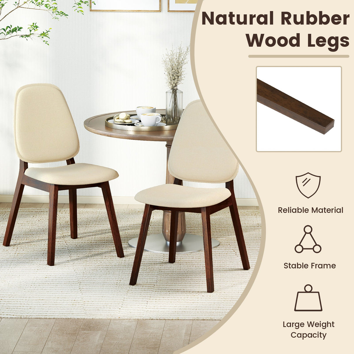 Juego de 2 sillas de comedor de madera, tapizadas, sin reposabrazos, estilo moderno de mediados de siglo - Marrón