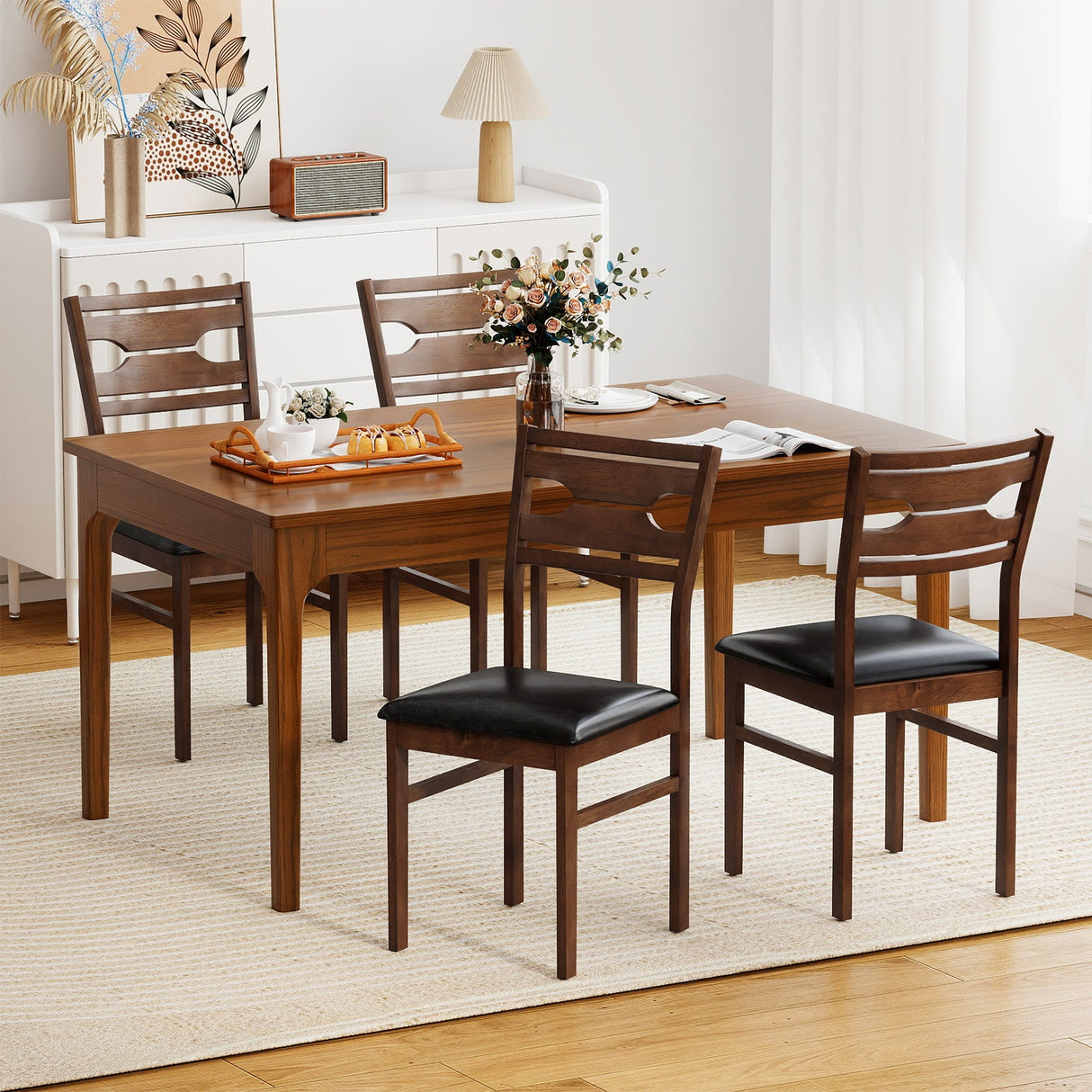 Wooden Dining Chair Set of 2 with PU Leather Padded Seat and Rubber Wood Frame-Walnut