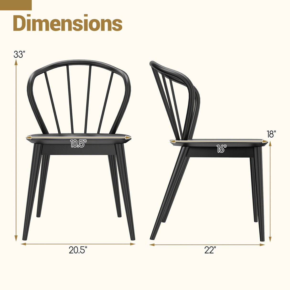 Juego de 2 sillas de comedor de madera con respaldo alto de huso y asiento ancho