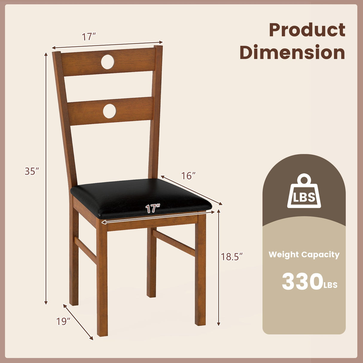 Juego de 2 sillas de comedor de madera sin brazos para cocina con respaldo hueco