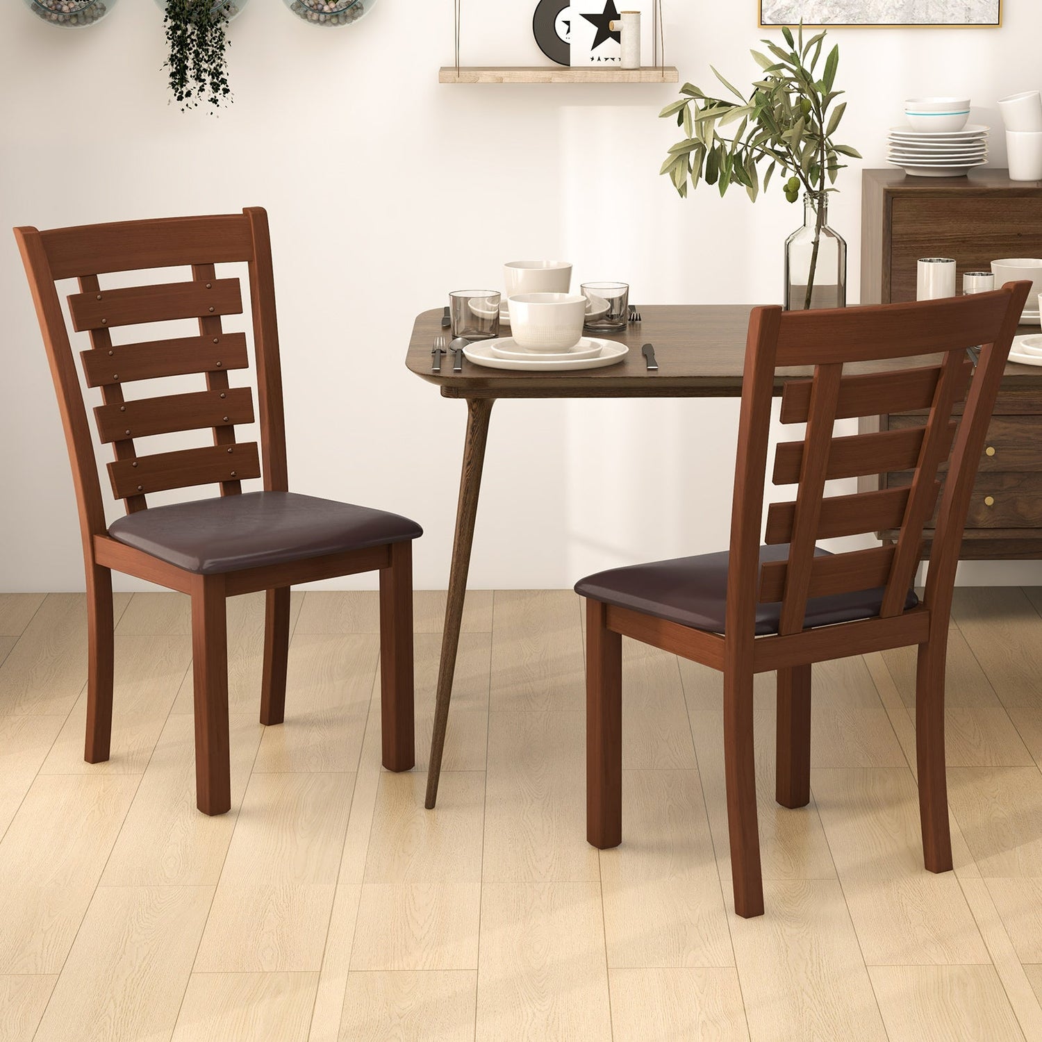 Juego de 2 sillas de comedor de madera con asiento tapizado y estructura de madera de caucho - Marrón