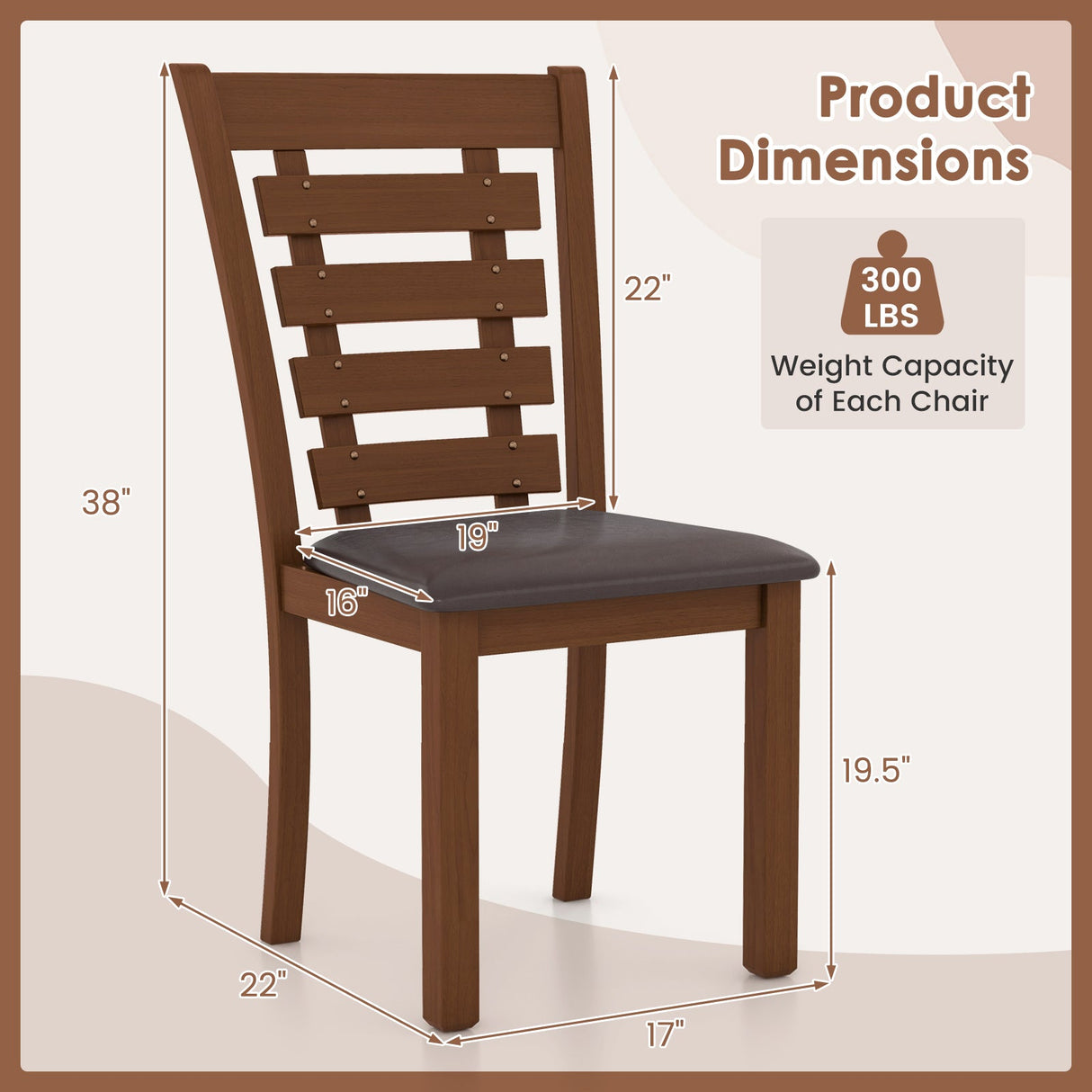 Juego de 2 sillas de comedor de madera con asiento tapizado y estructura de madera de caucho - Marrón