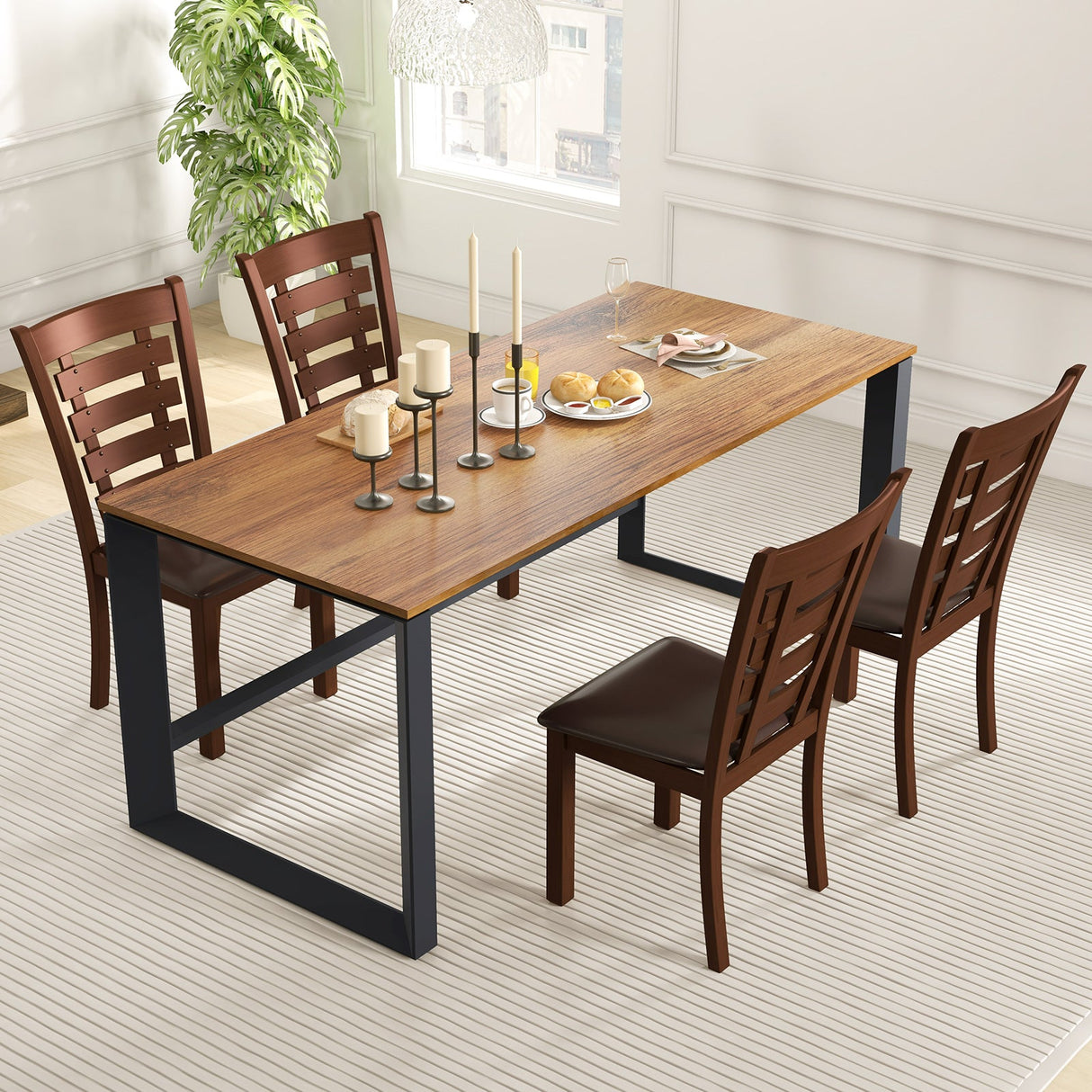 Juego de 2 sillas de comedor de madera con asiento tapizado y estructura de madera de caucho - Marrón