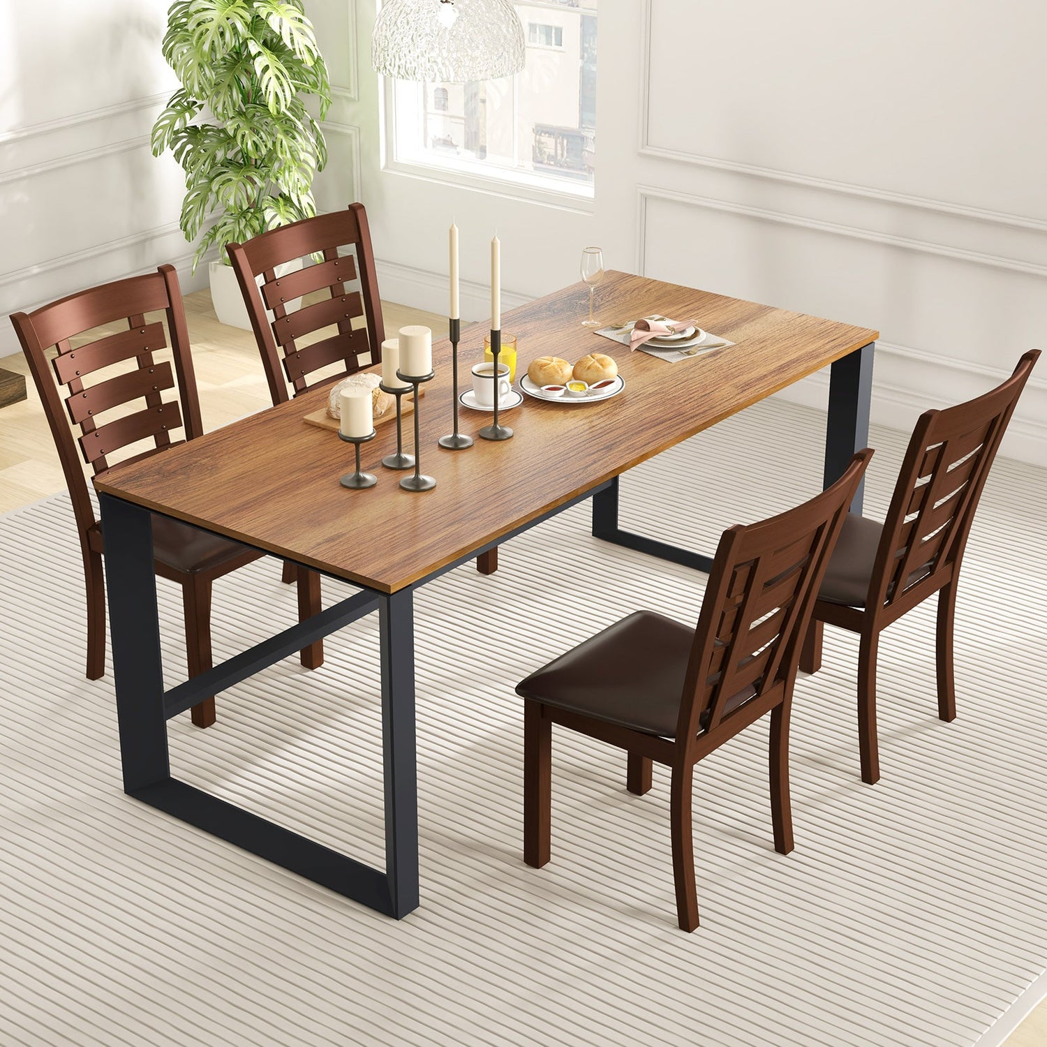 Juego de 2 sillas de comedor de madera con asiento tapizado y estructura de madera de caucho - Marrón