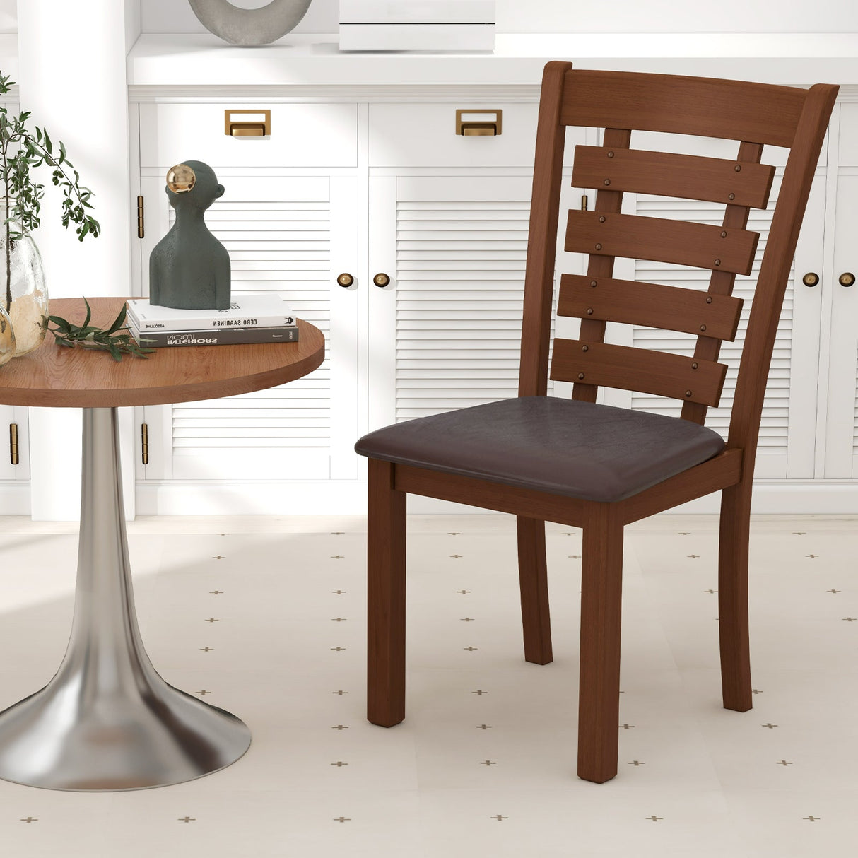 Juego de 2 sillas de comedor de madera con asiento tapizado y estructura de madera de caucho - Marrón