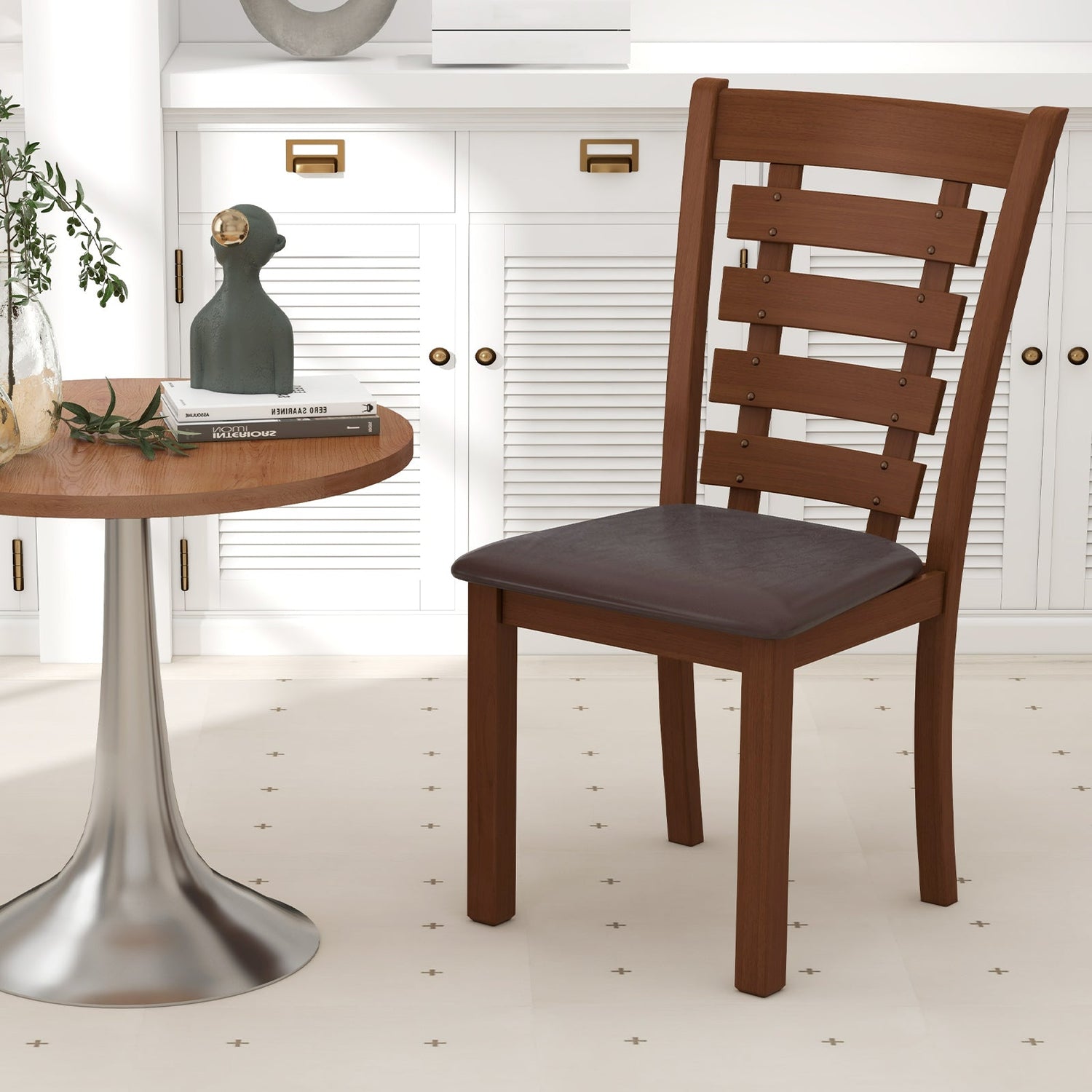 Juego de 2 sillas de comedor de madera con asiento tapizado y estructura de madera de caucho - Marrón