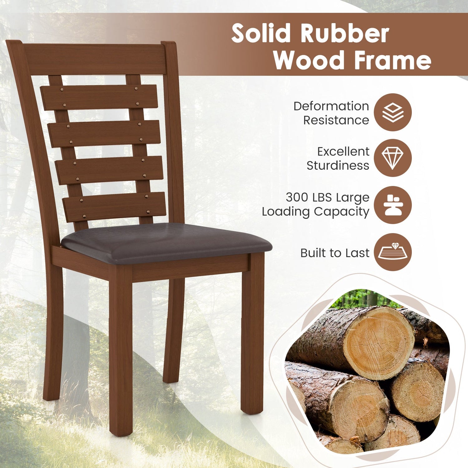 Juego de 2 sillas de comedor de madera con asiento tapizado y estructura de madera de caucho - Marrón