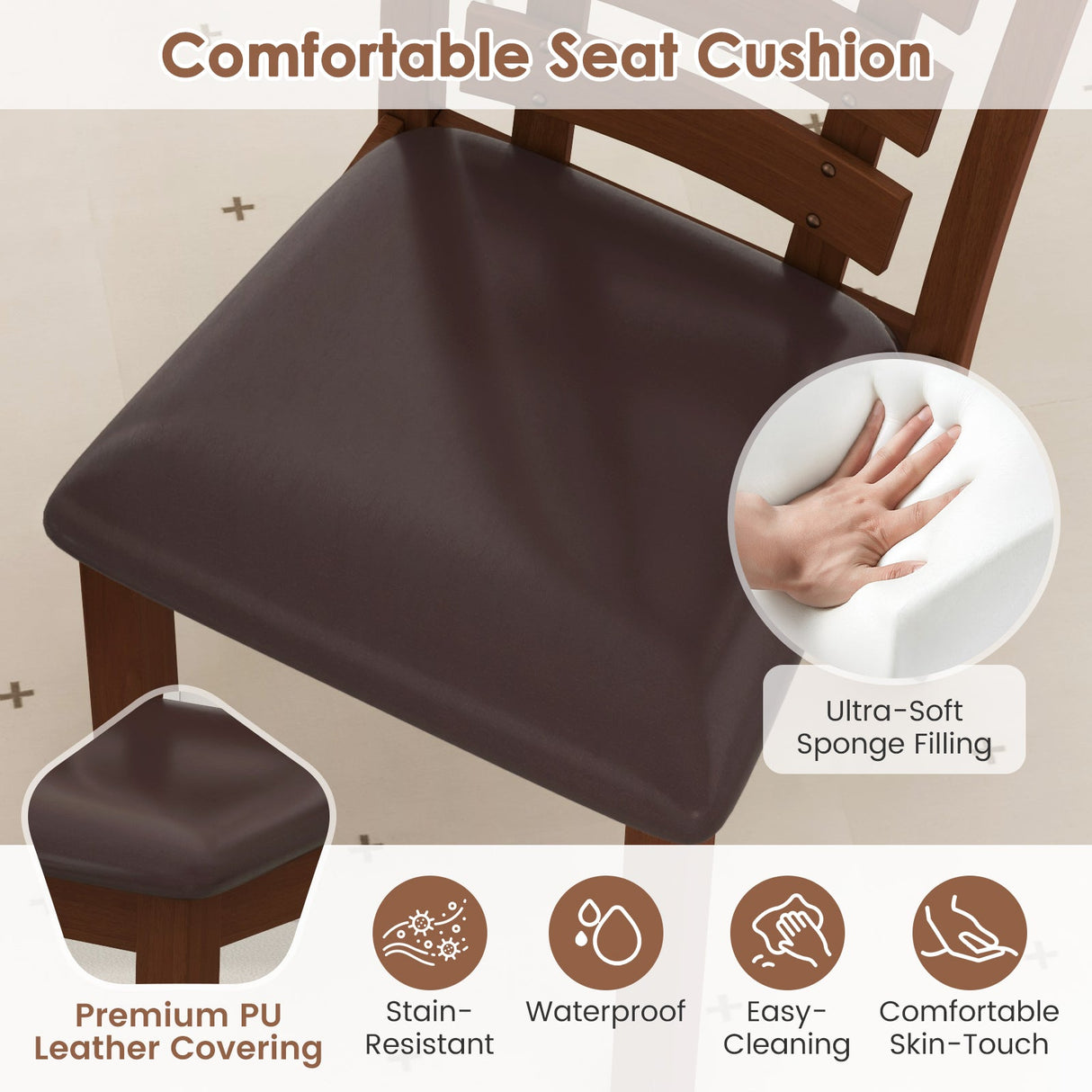 Juego de 2 sillas de comedor de madera con asiento tapizado y estructura de madera de caucho - Marrón