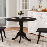 Mesa de comedor de madera con tablero redondo y patas de caballete curvadas