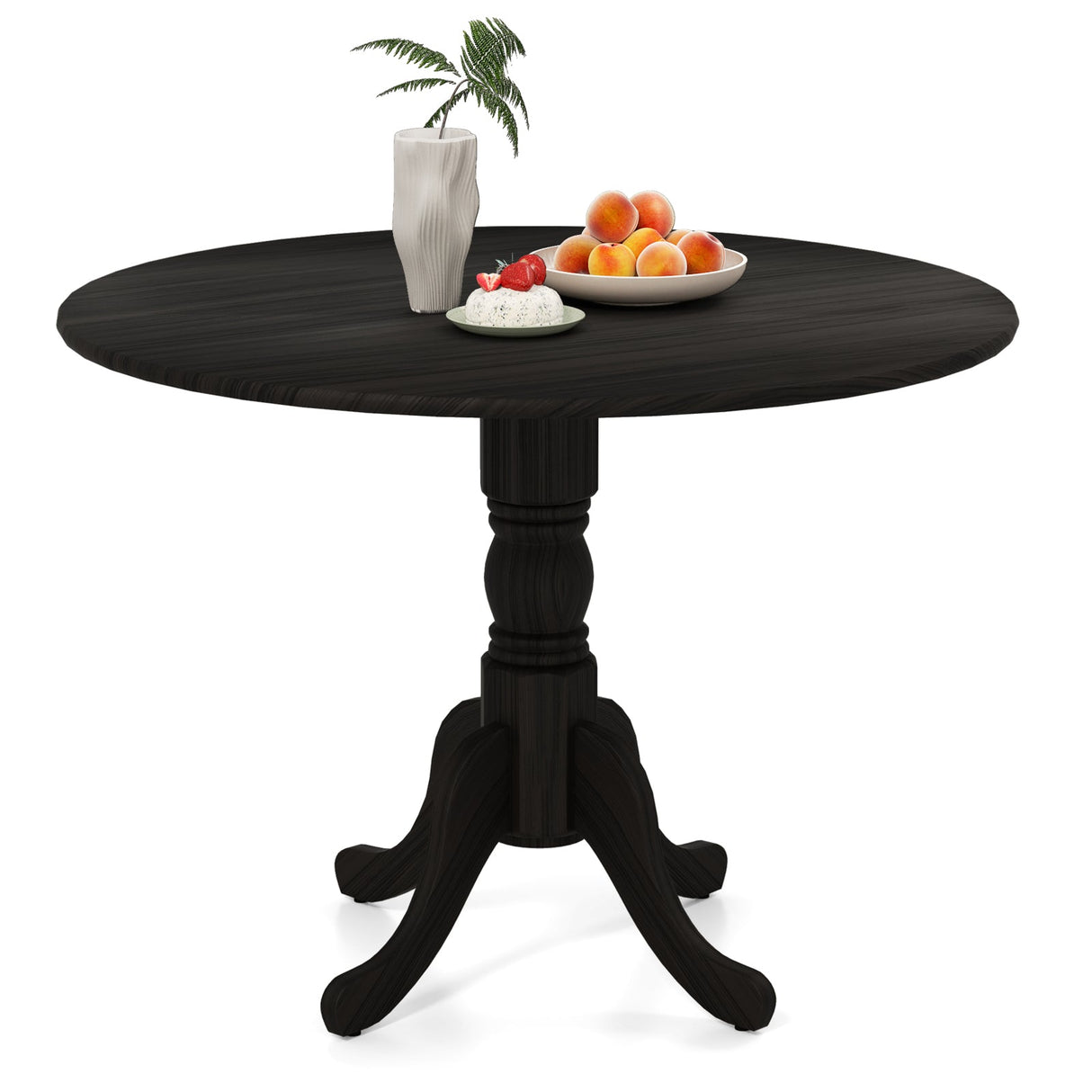 Mesa de comedor de madera con tablero redondo y patas de caballete curvadas