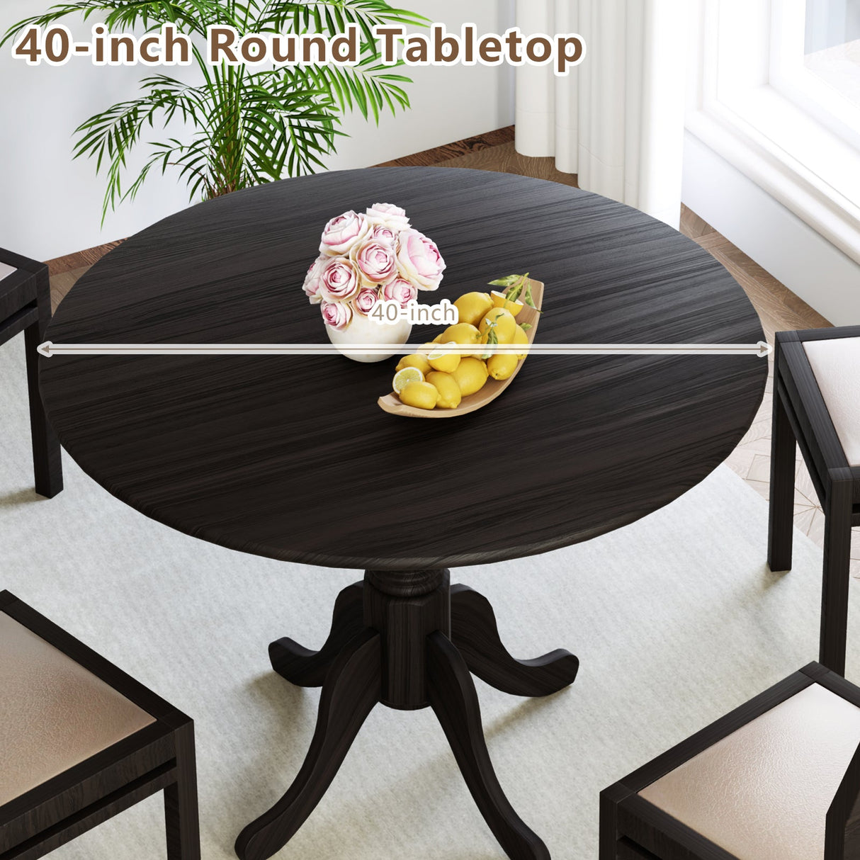 Mesa de comedor de madera con tablero redondo y patas de caballete curvadas