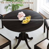 Mesa de comedor de madera con tablero redondo y patas de caballete curvadas