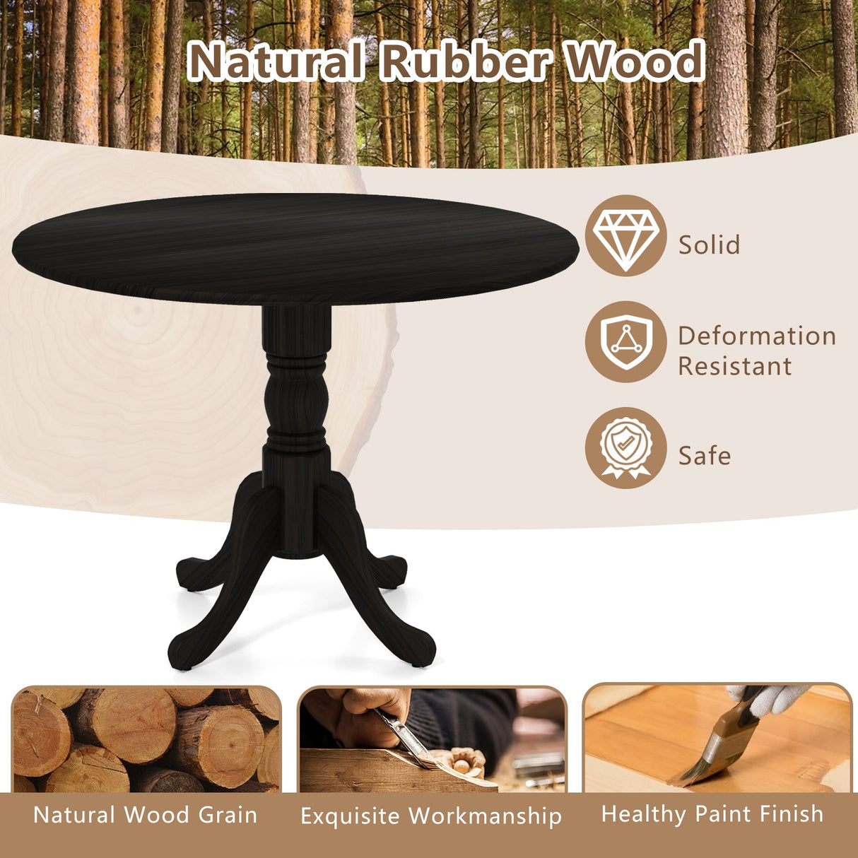 Mesa de comedor de madera con tablero redondo y patas de caballete curvadas