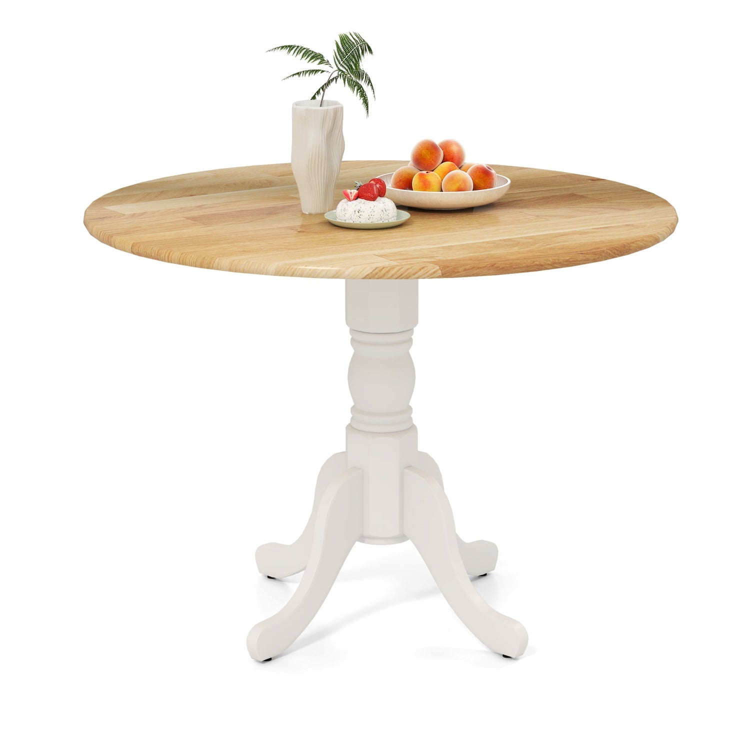 Mesa de comedor de madera con tablero redondo y patas de caballete curvadas