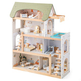 Casa de muñecas de madera para niños, casa de juegos de simulación con 33 accesorios de muebles - Verde