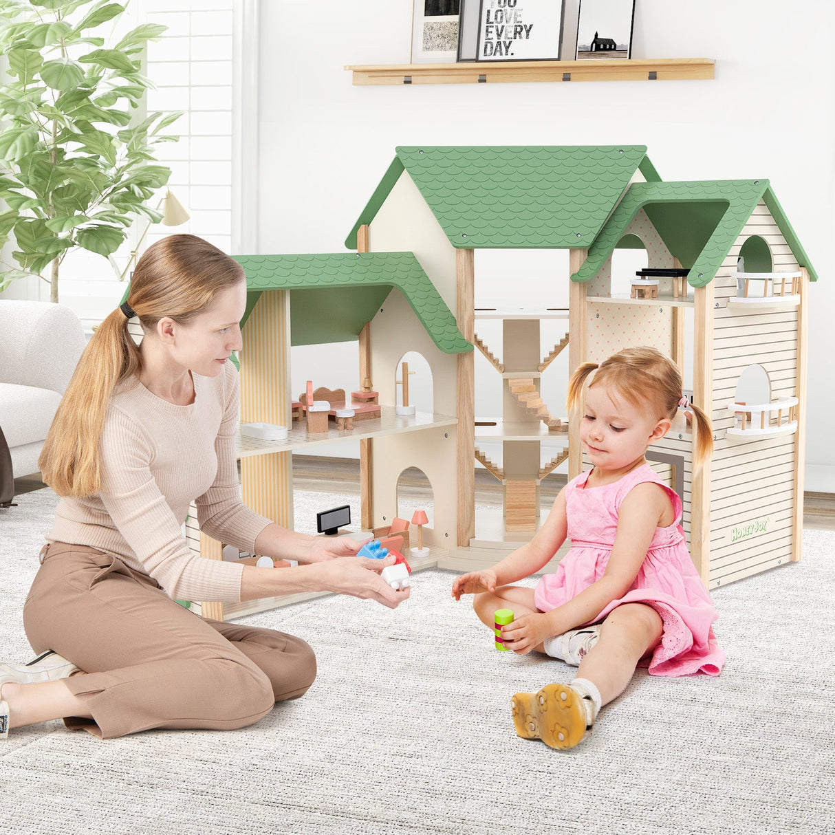 Casa de Muñecas de Esquina de Madera con 6 Habitaciones y 36 Piezas para Niños de 3+ Años-Verde