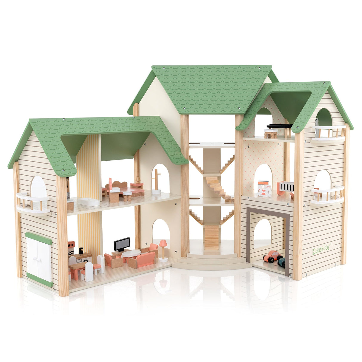 Casa de Muñecas de Esquina de Madera con 6 Habitaciones y 36 Piezas para Niños de 3+ Años-Verde