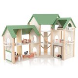 Casa de Muñecas de Esquina de Madera con 6 Habitaciones y 36 Piezas para Niños de 3+ Años-Verde