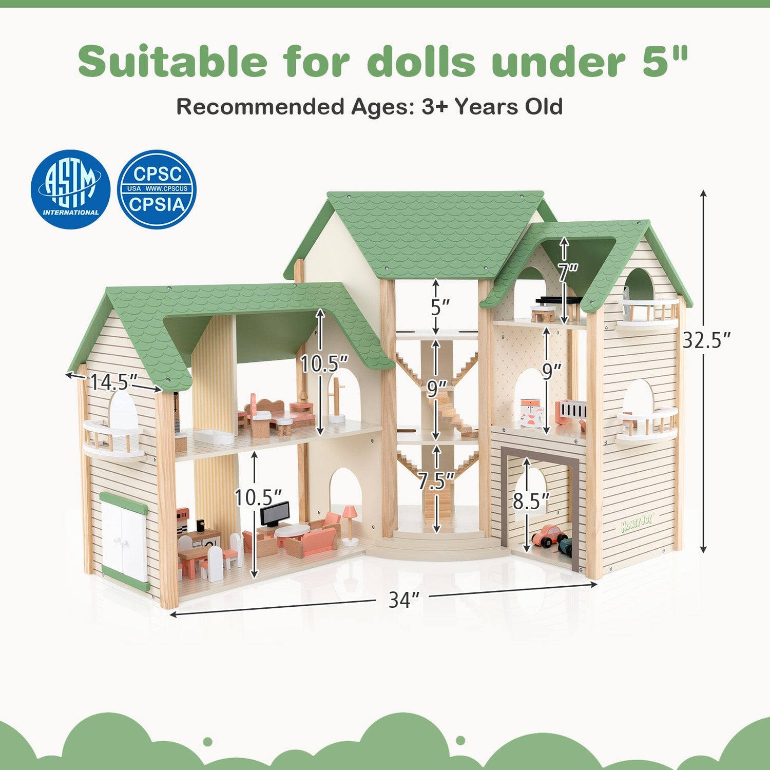 Casa de Muñecas de Esquina de Madera con 6 Habitaciones y 36 Piezas para Niños de 3+ Años-Verde