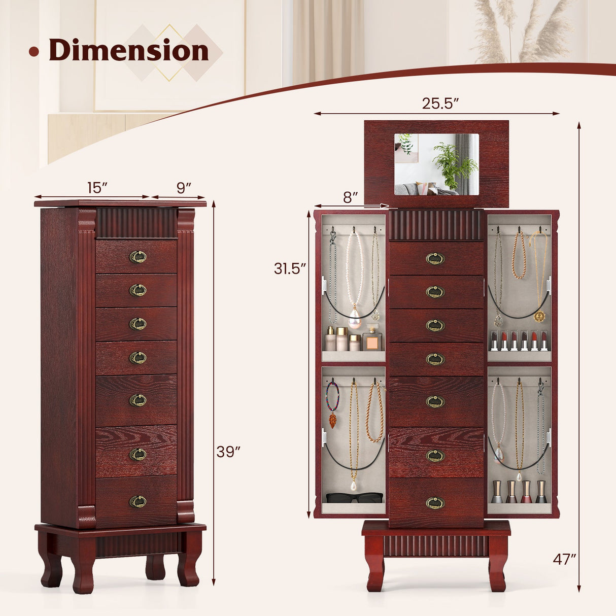 Gabinete de joyería de madera Armario de almacenamiento con cajones y puertas batientes