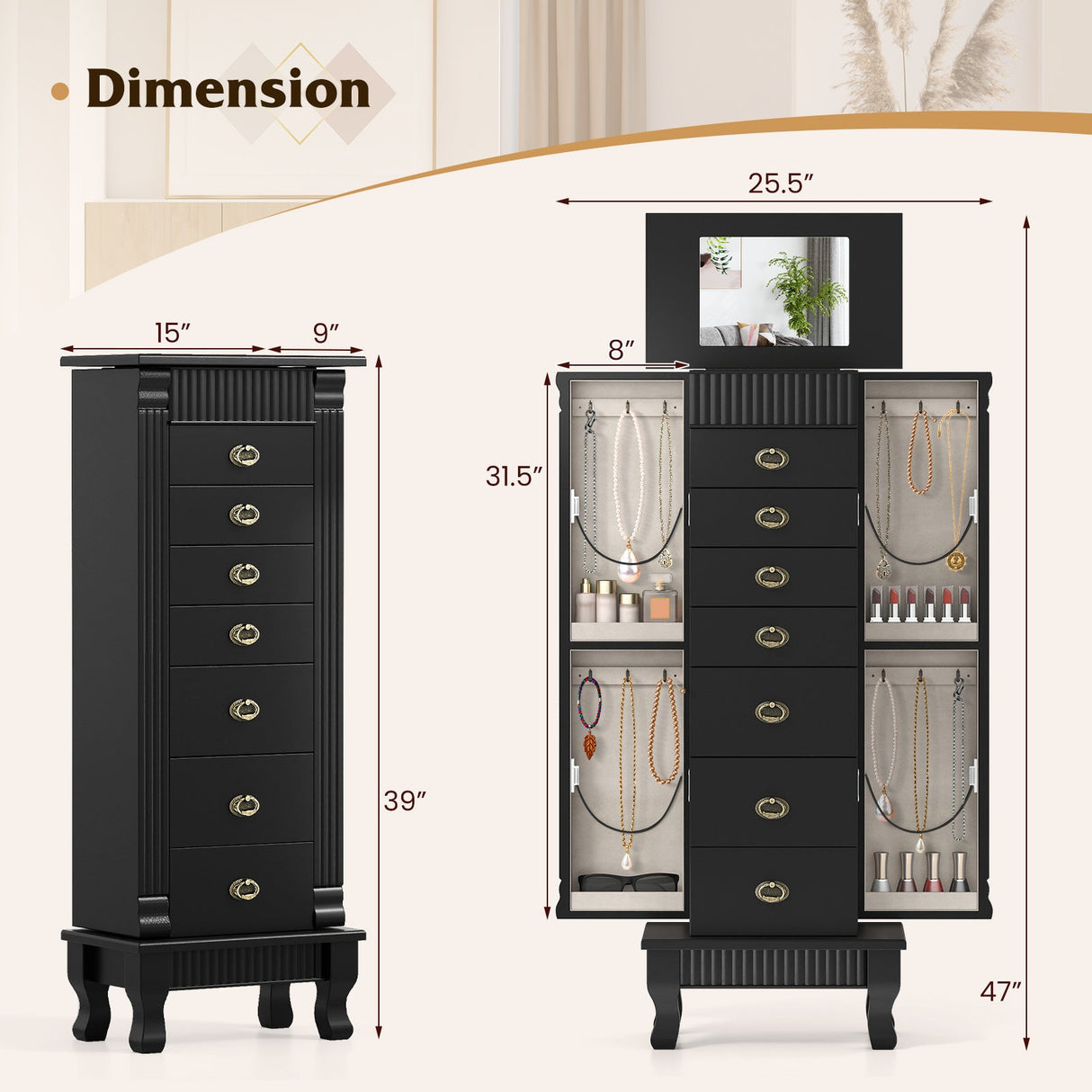 Gabinete de joyería de madera Armario de almacenamiento con cajones y puertas batientes