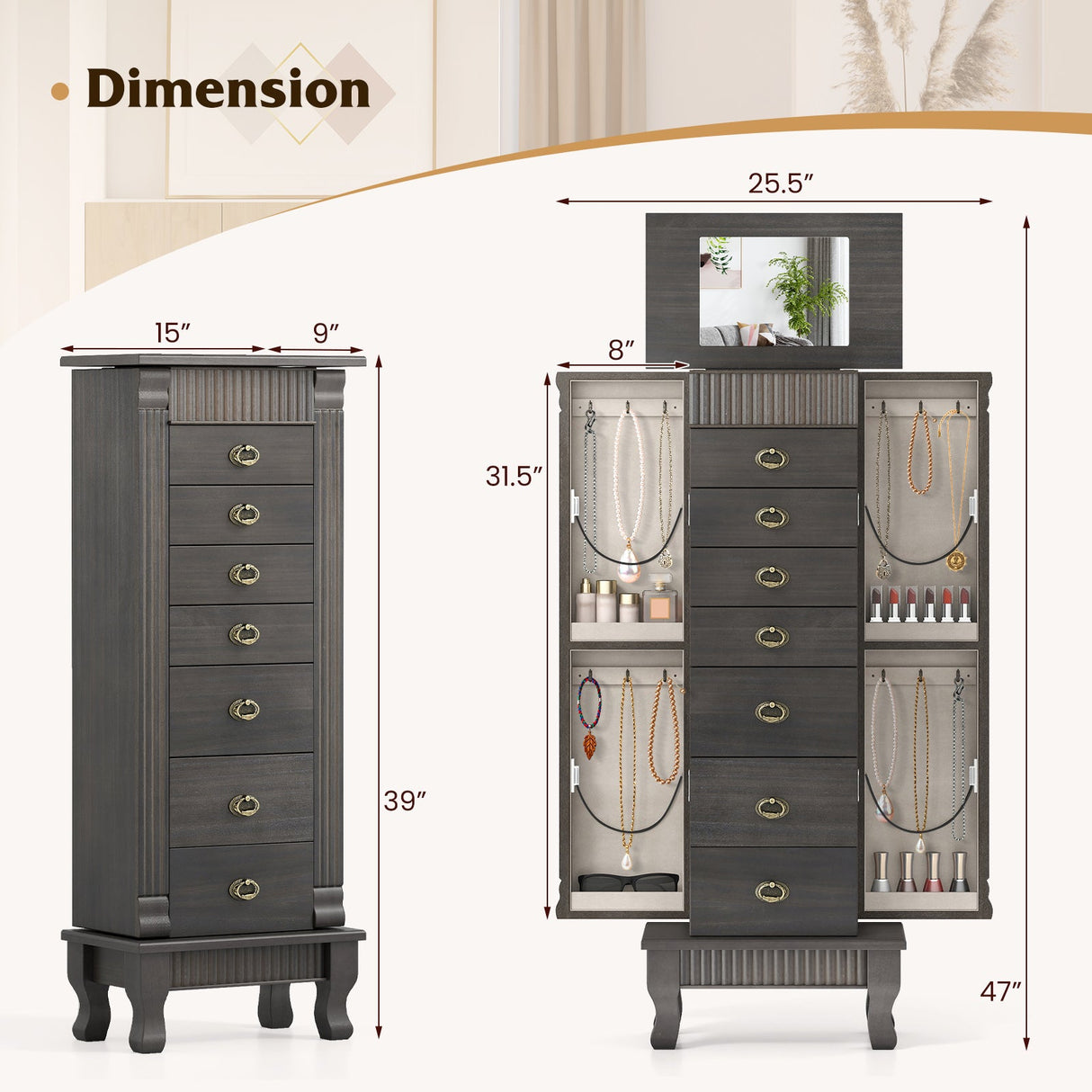 Gabinete de joyería de madera Armario de almacenamiento con cajones y puertas batientes
