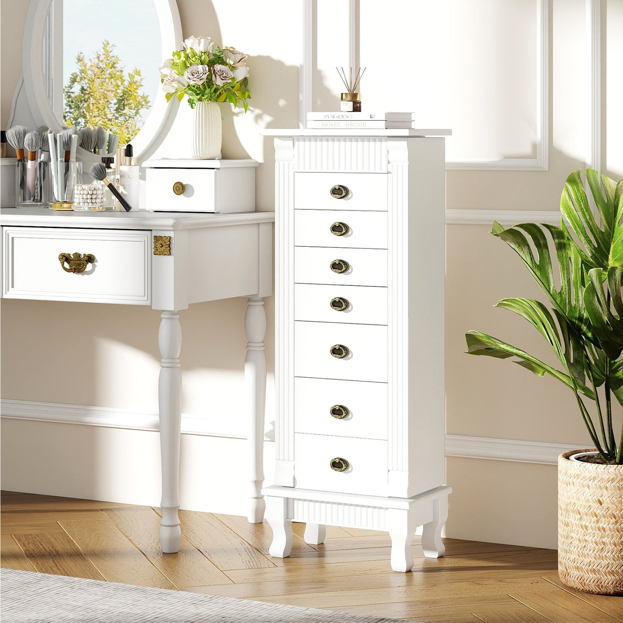 Gabinete de joyería de madera Armario de almacenamiento con cajones y puertas batientes