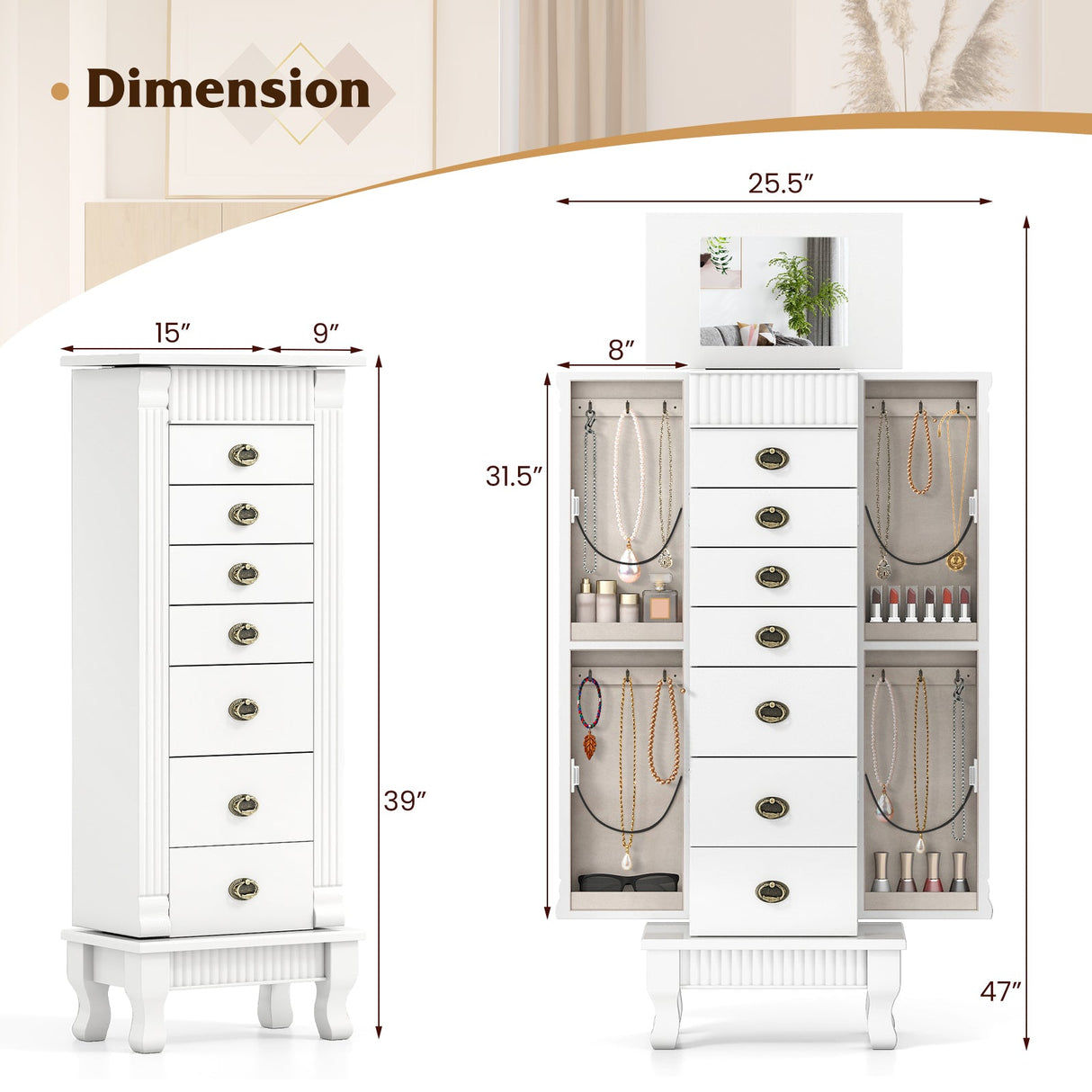 Gabinete de joyería de madera Armario de almacenamiento con cajones y puertas batientes