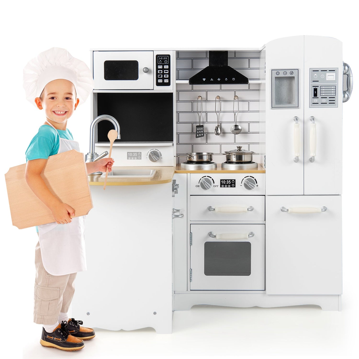 Cocina de esquina de madera para niños con estufa para bebés - Natural y blanca