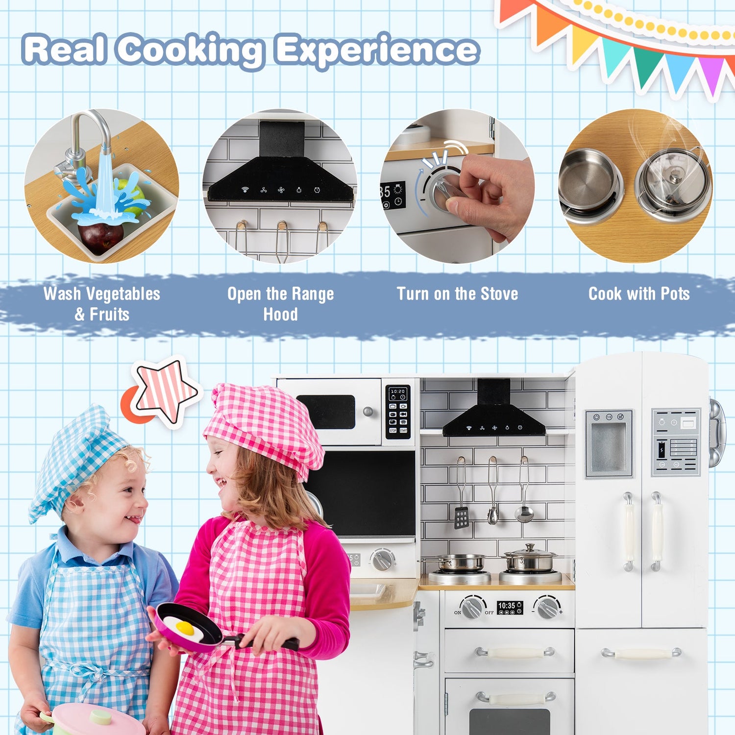 Cocina de esquina de madera para niños con estufa para bebés - Natural y blanca