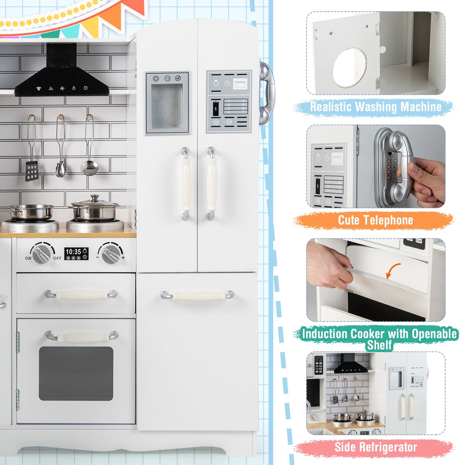 Cocina de esquina de madera para niños con estufa para bebés - Natural y blanca