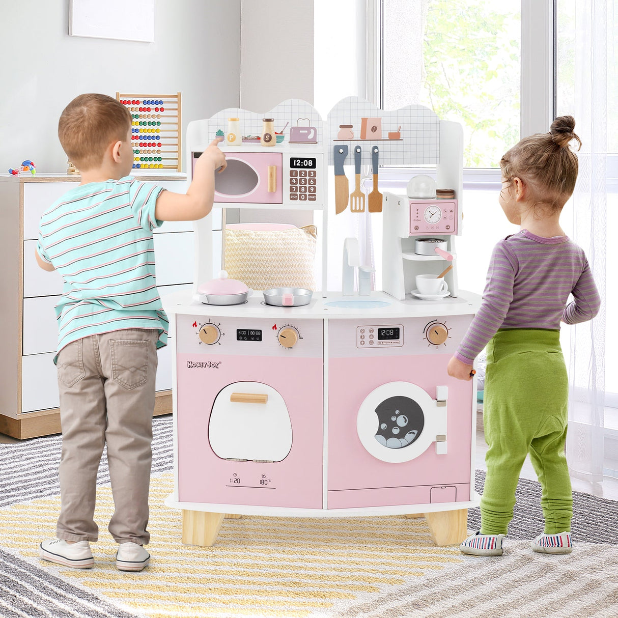 Cocina de juguete de madera para niños con cafetera - Rosa