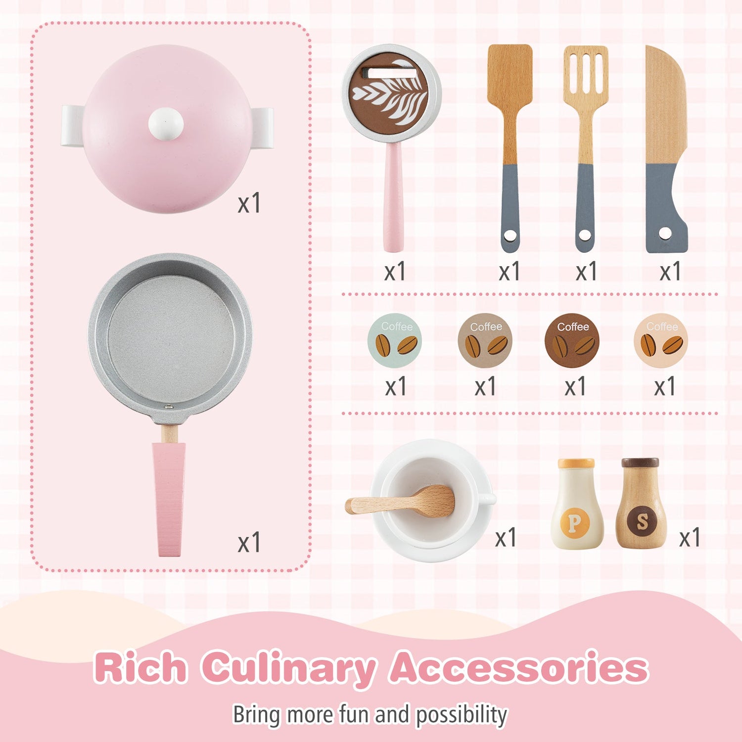 Cocina de juguete de madera para niños con cafetera - Rosa