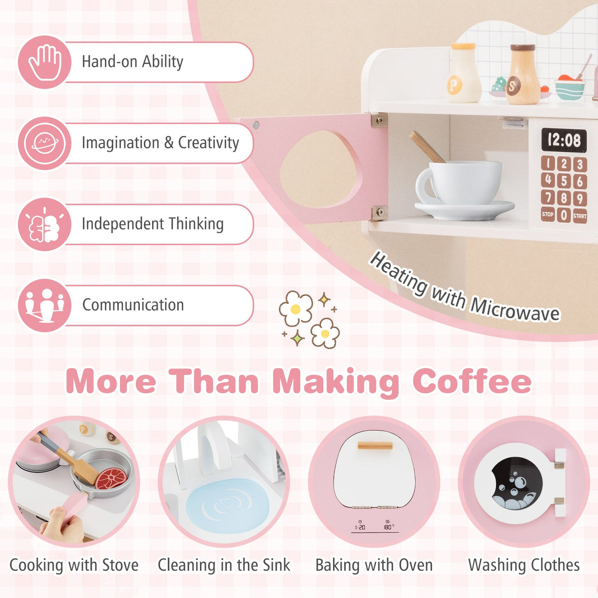 Cocina de juguete de madera para niños con cafetera - Rosa