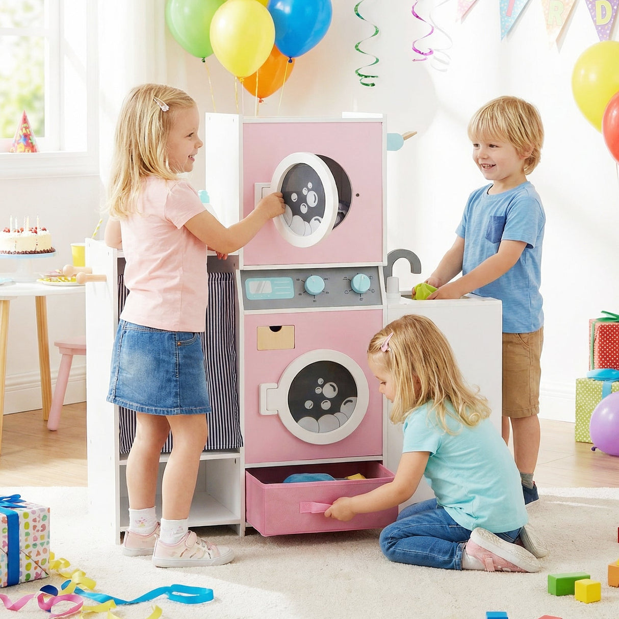 Set de lavandería de madera para niños con botella de detergente y perchas - Rosa