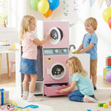 Set de lavandería de madera para niños con botella de detergente y perchas - Rosa