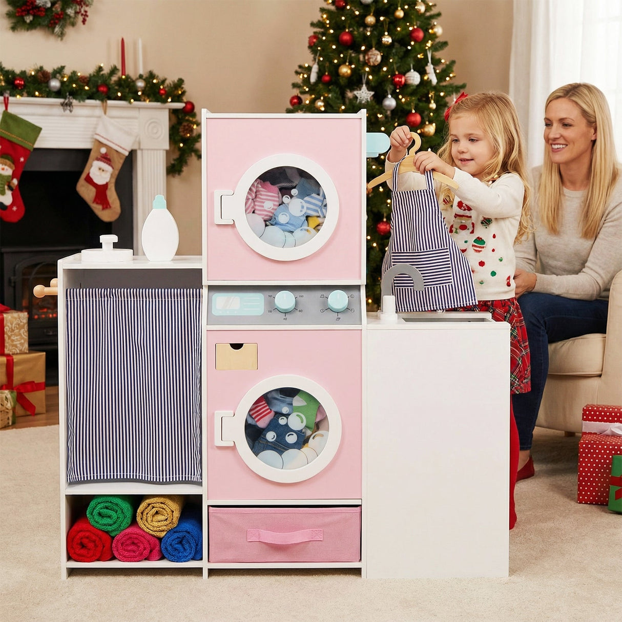Set de lavandería de madera para niños con botella de detergente y perchas - Rosa
