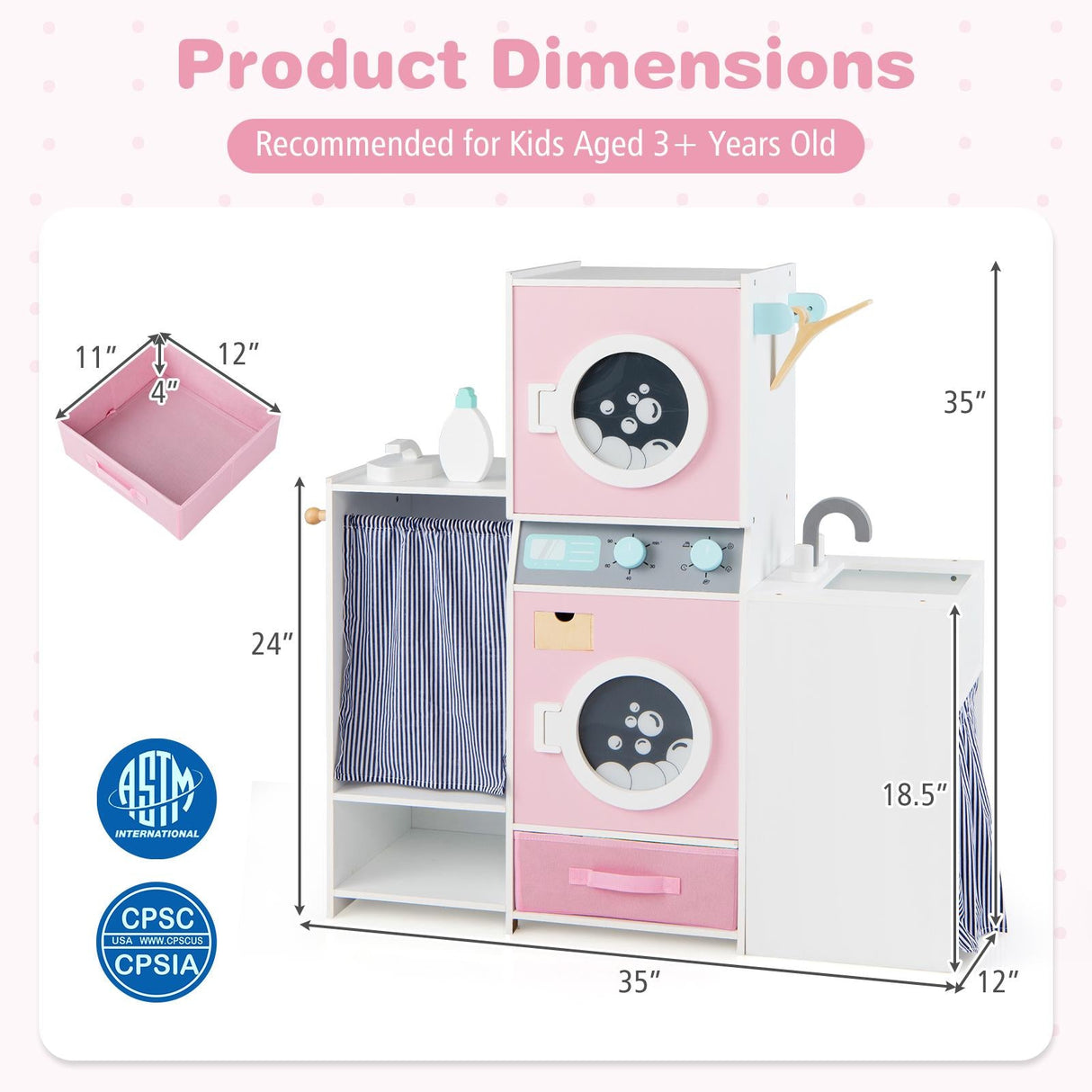 Set de lavandería de madera para niños con botella de detergente y perchas - Rosa