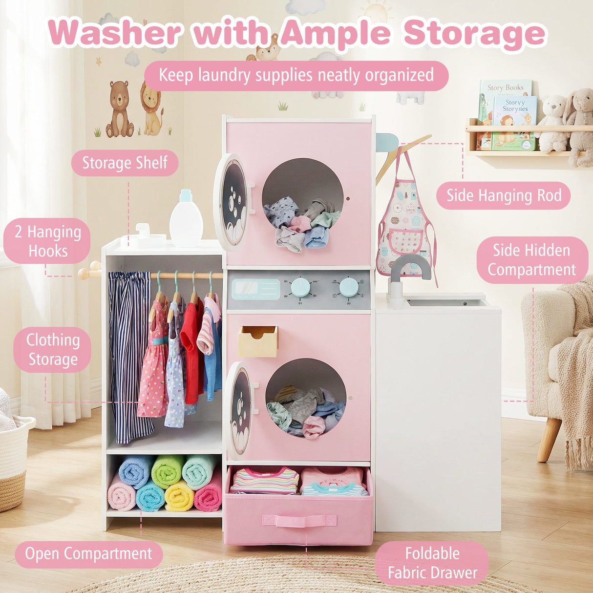 Set de lavandería de madera para niños con botella de detergente y perchas - Rosa