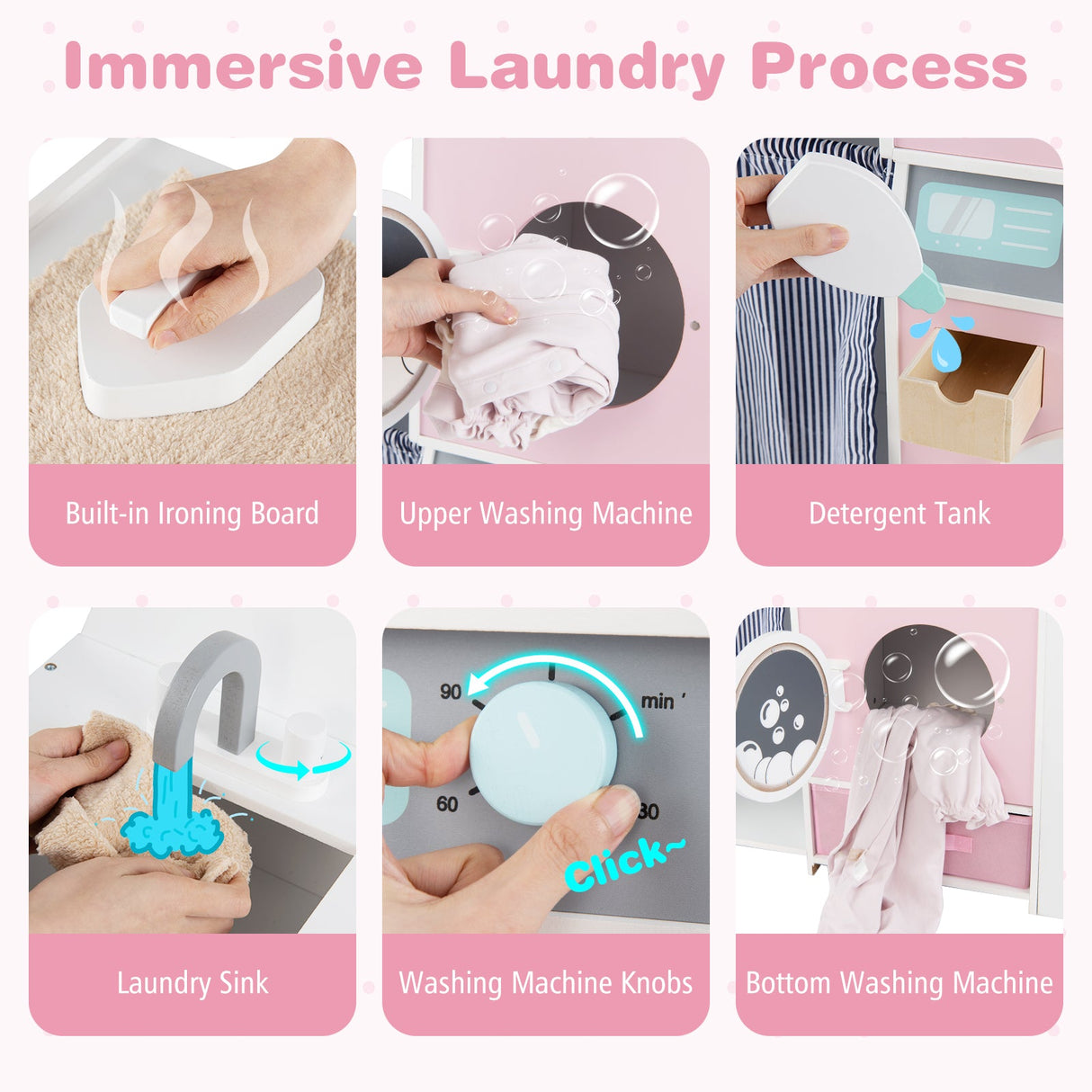Set de lavandería de madera para niños con botella de detergente y perchas - Rosa
