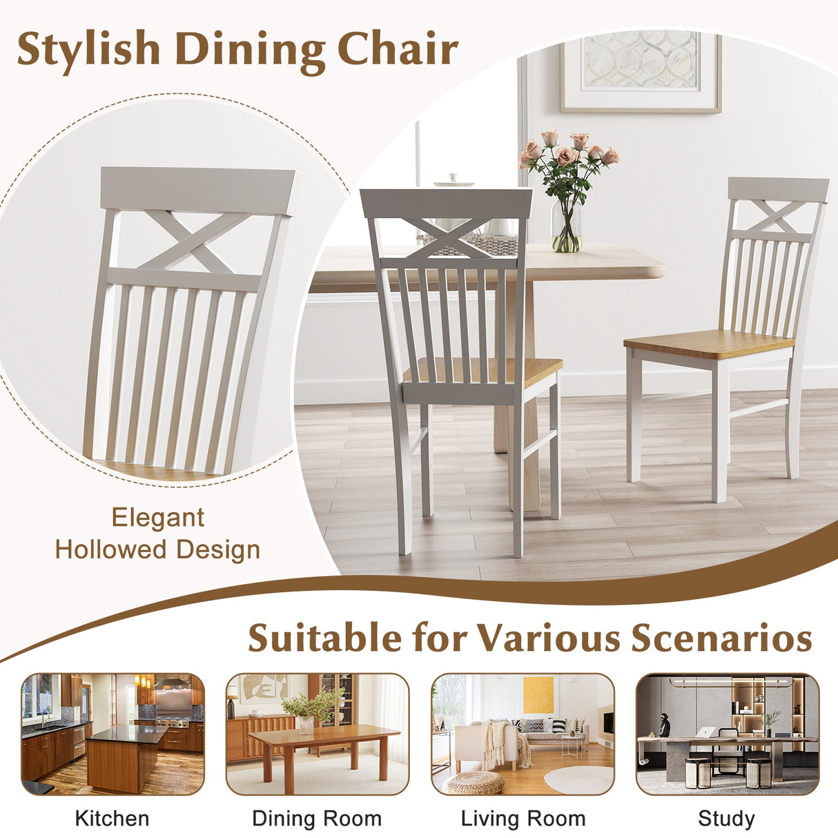 Wooden Kitchen Dining Chair Set of 2 with Rubber Wood Frame-Natural