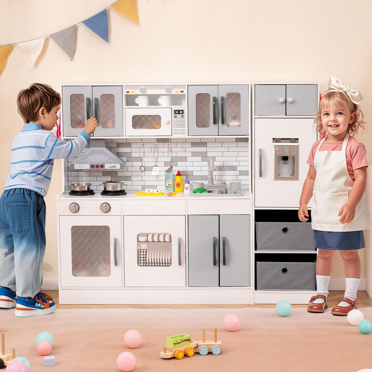 Wooden Kitchen Playset with Lights and Sounds for Ages 3+