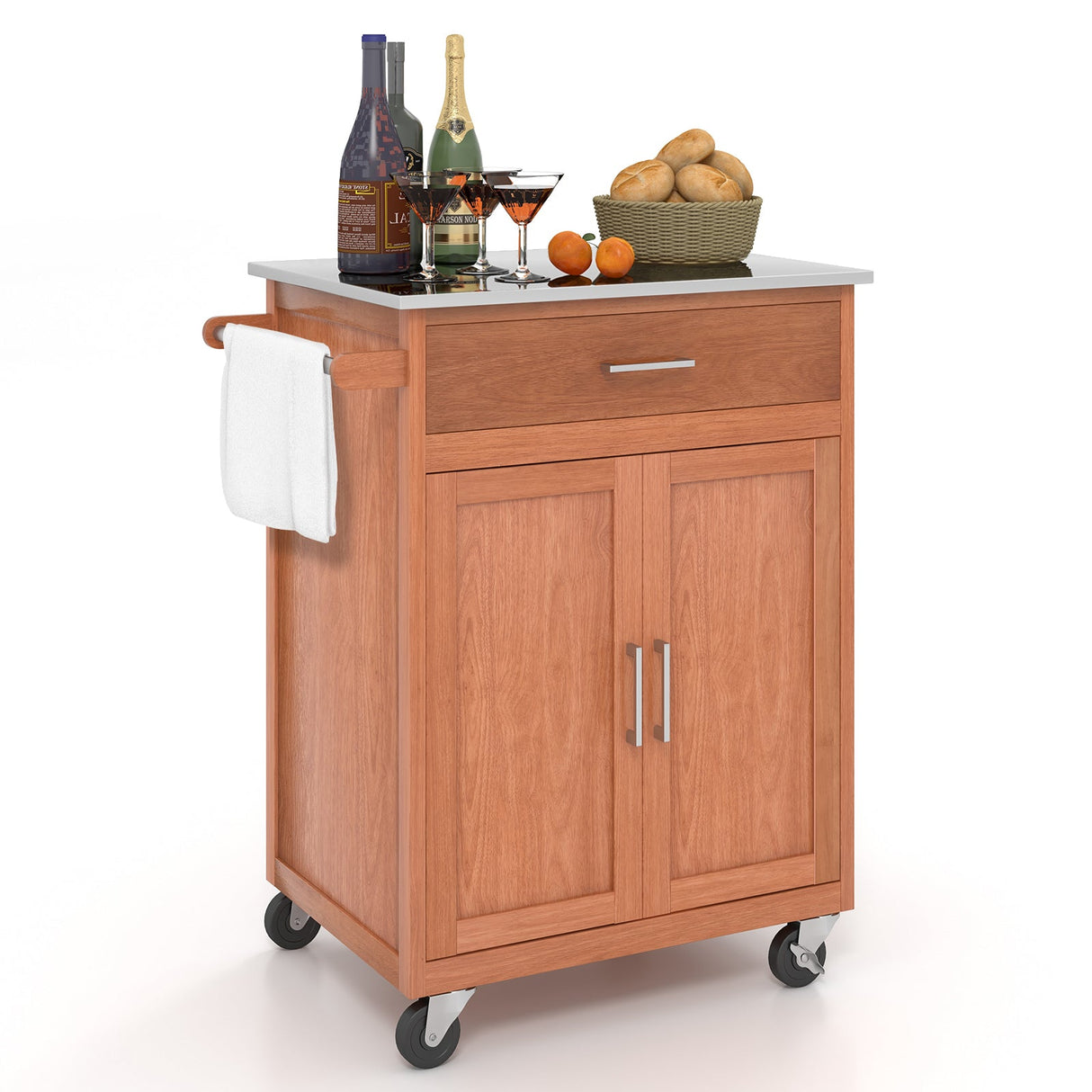 Mueble Auxiliar de Cocina de Madera con Ruedas y Encimera de Acero Inoxidable