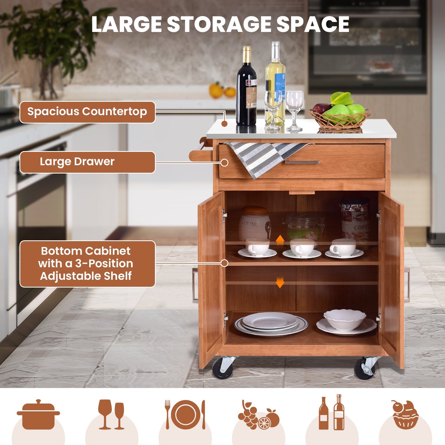 Mueble Auxiliar de Cocina de Madera con Ruedas y Encimera de Acero Inoxidable