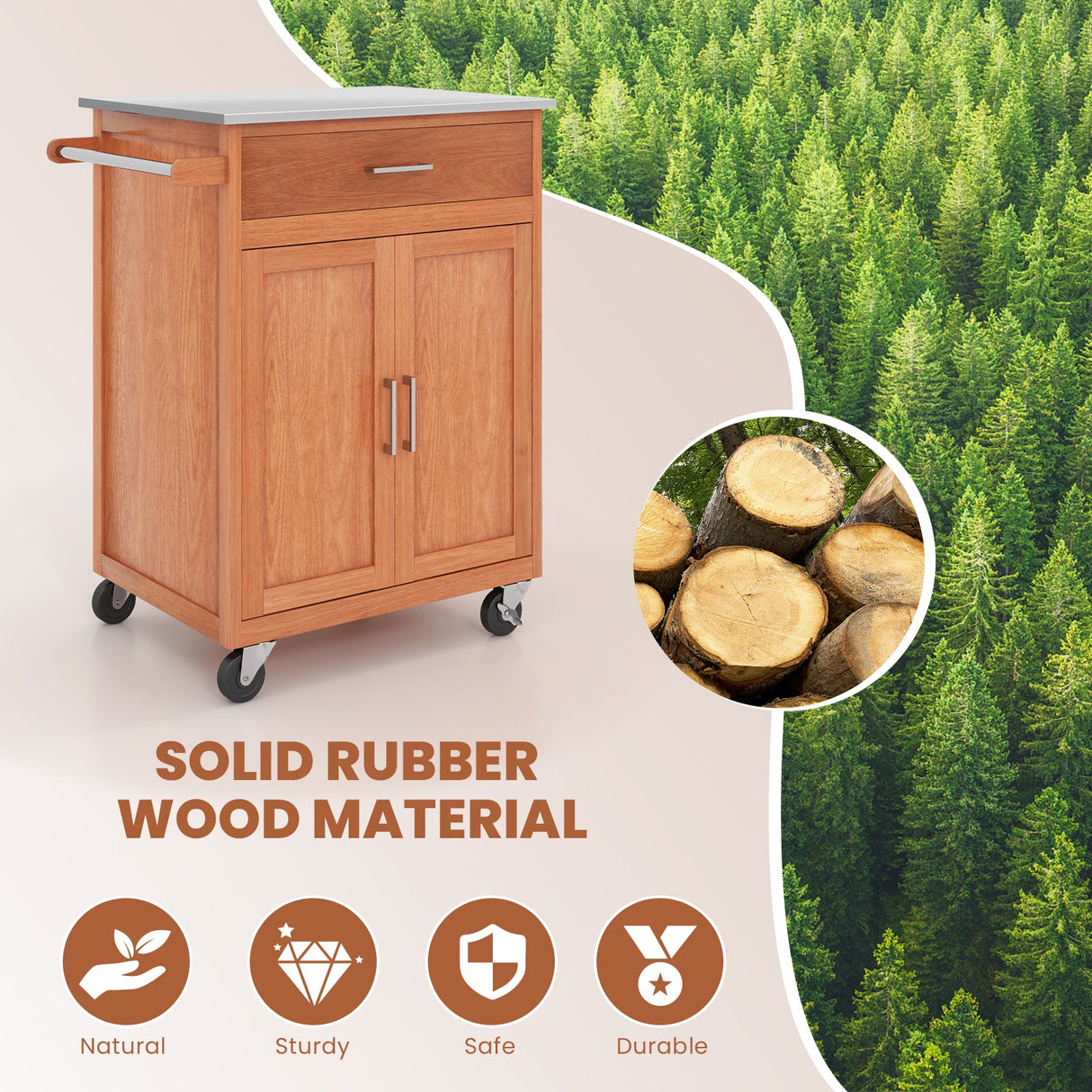 Mueble Auxiliar de Cocina de Madera con Ruedas y Encimera de Acero Inoxidable