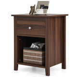 Wooden Nightstand with Slide-out Drawer and Open Shelf